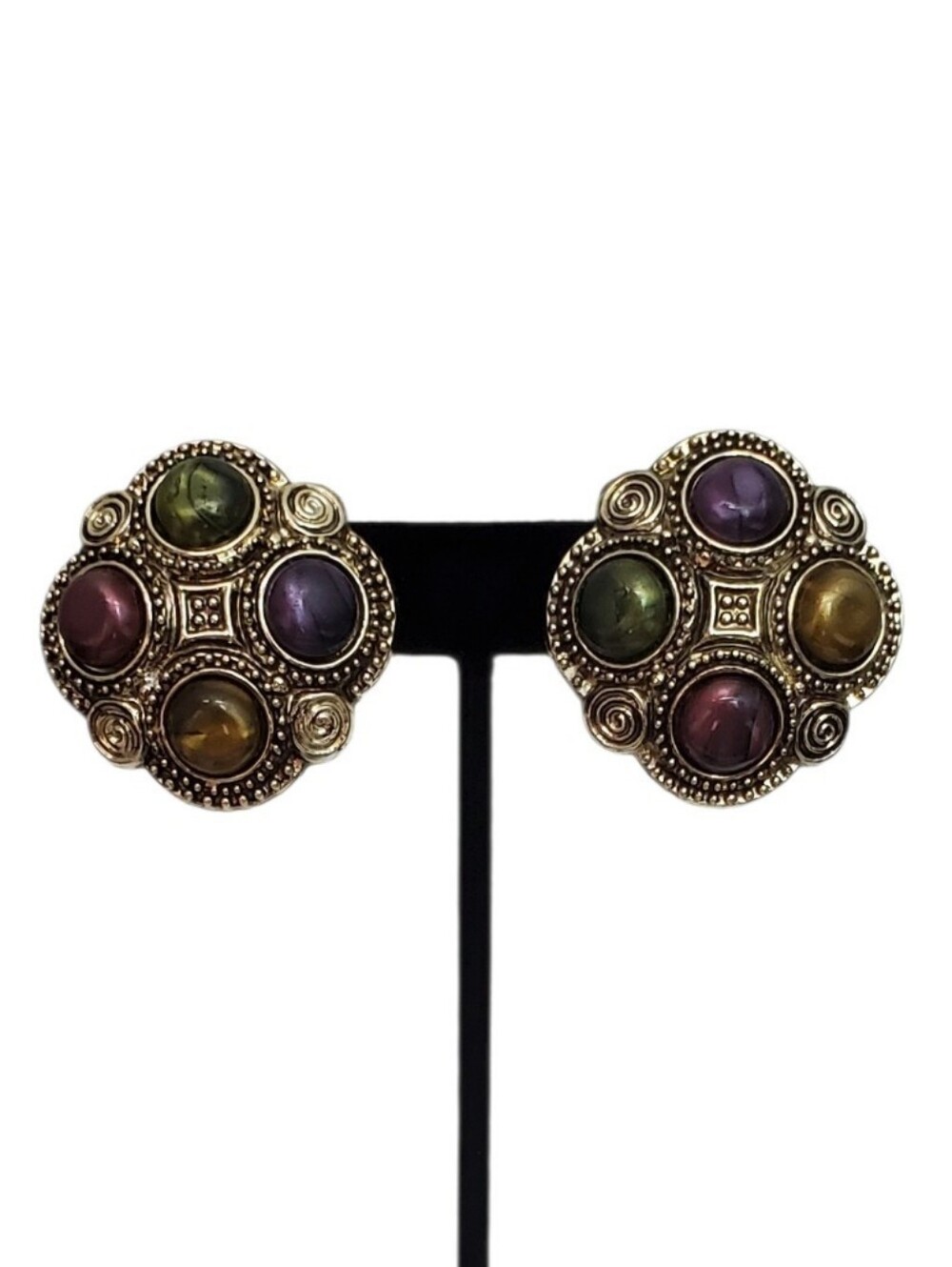 Estate Antiqued Gold-Tone Quatrefoil Faux Cabochon Statement Post Back Earrings